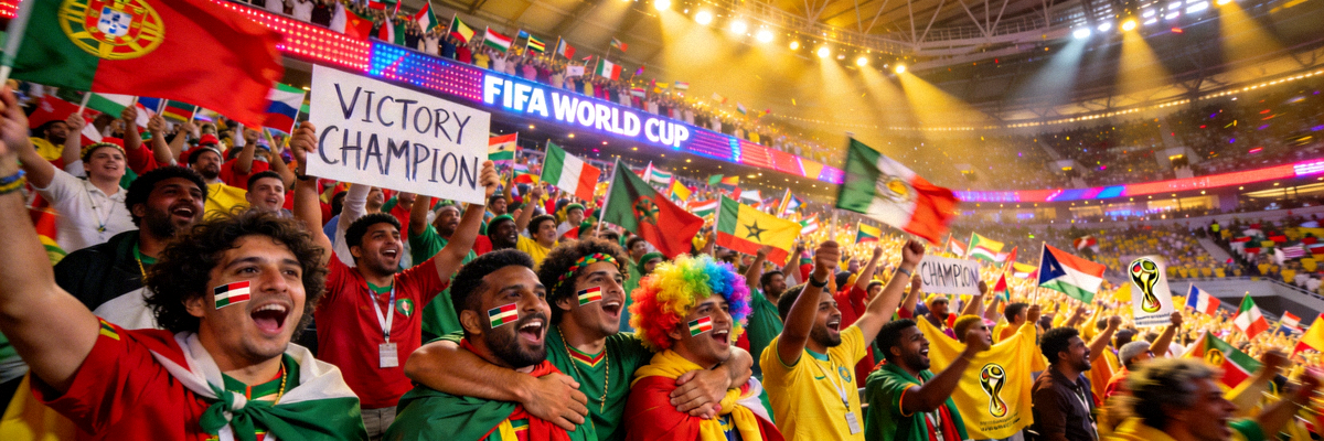 世界杯球迷狂欢场景：看台上挥舞旗帜的球迷海洋